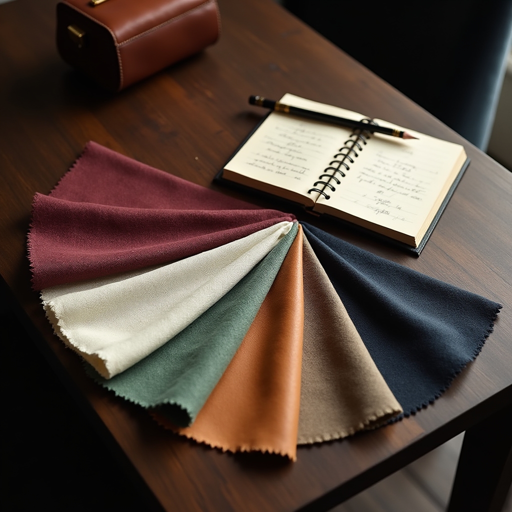 Campioni di tessuti e pelli disposti su un tavolo durante la fase di consultazione