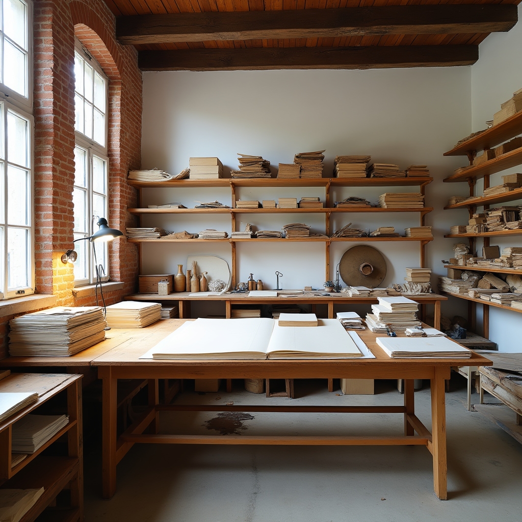 Interno del laboratorio artigianale di Torino con tavoli da lavoro e materiali di rilegatura