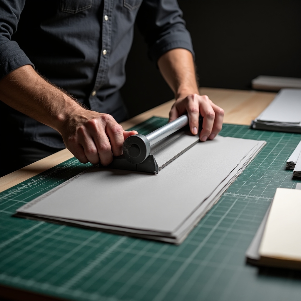 Taglio preciso di carta e cartone con taglierina professionale nel laboratorio artigianale